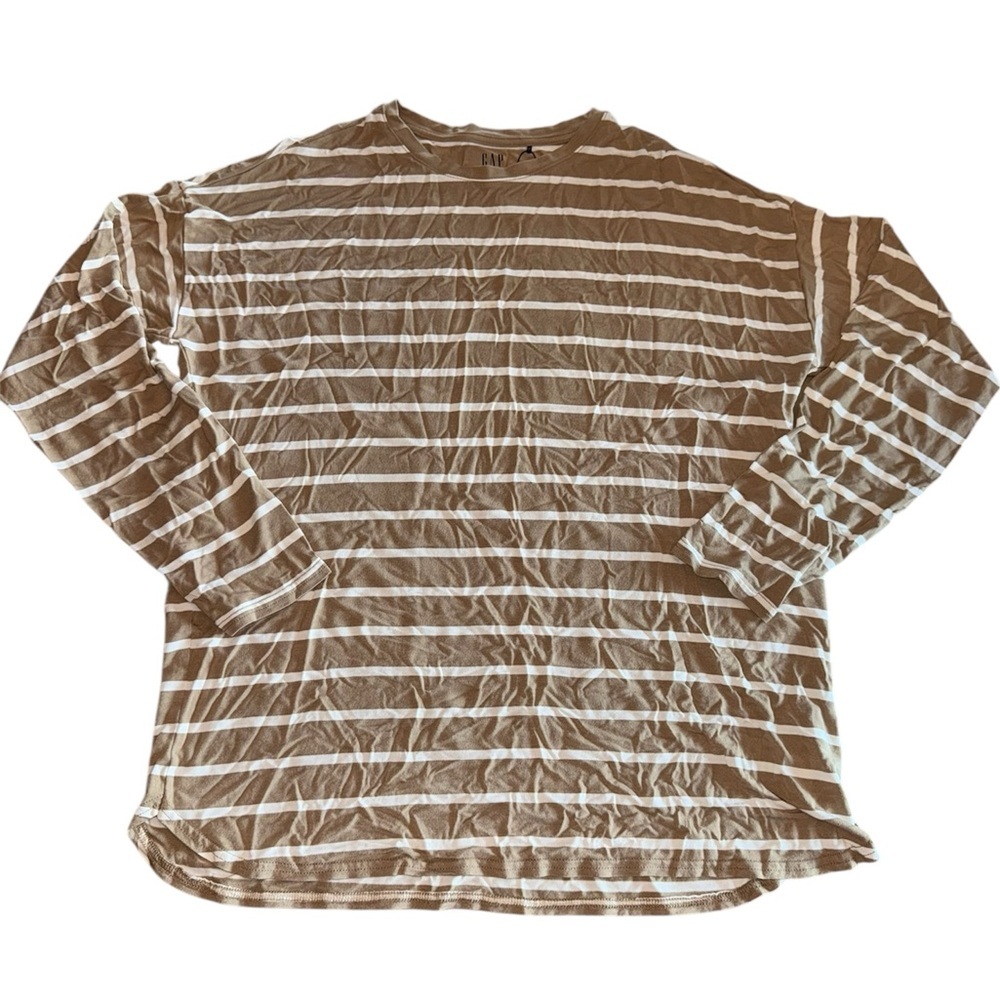 GAP Tan and White Striped Crew Neck Long Sleeve Shirt M